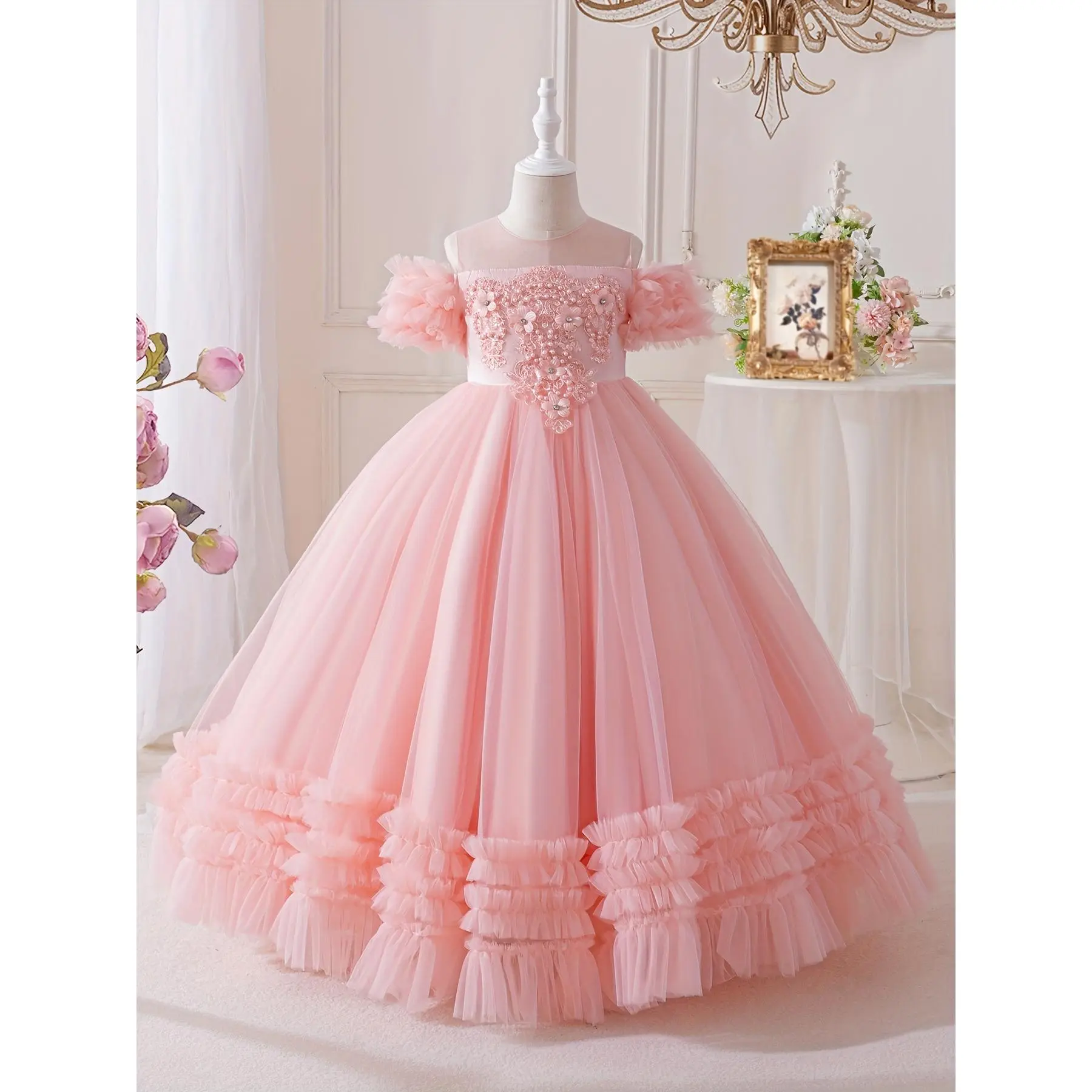 New(New)[Pretty Princess Dress] Elegant Soft Pink Long Sleeve Tulle Puffy Princess  Dress | Girls' A-Line Birthday Party & Wedding Flower Girl Dress with  Floral Applique Waistband for Ages 3+ - TikTok Shop