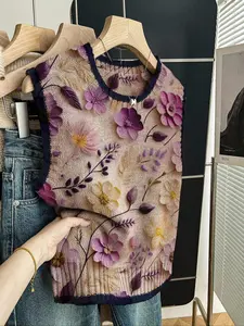 Women's Elegant Loose-Fitting Round Neck Sleeveless Knit Top, Floral Pattern, Spring Summer Fall, Fitted Design, Vests, Womenswear