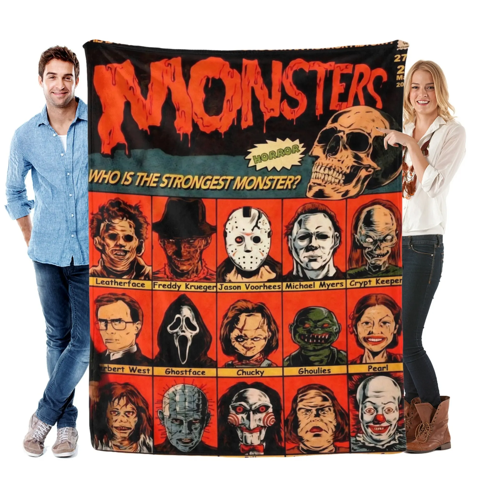 Horror Movie Monsters Collage Flannel Throw Blanket, Vintage Comic Style Classic Horror Characters Print, Michael Myers Jason Freddy Ghostface Chucky All Season Soft Cozy Bedding for Sofa Bedroom Dorm Travel, Halloween Back to School Birthday Gift