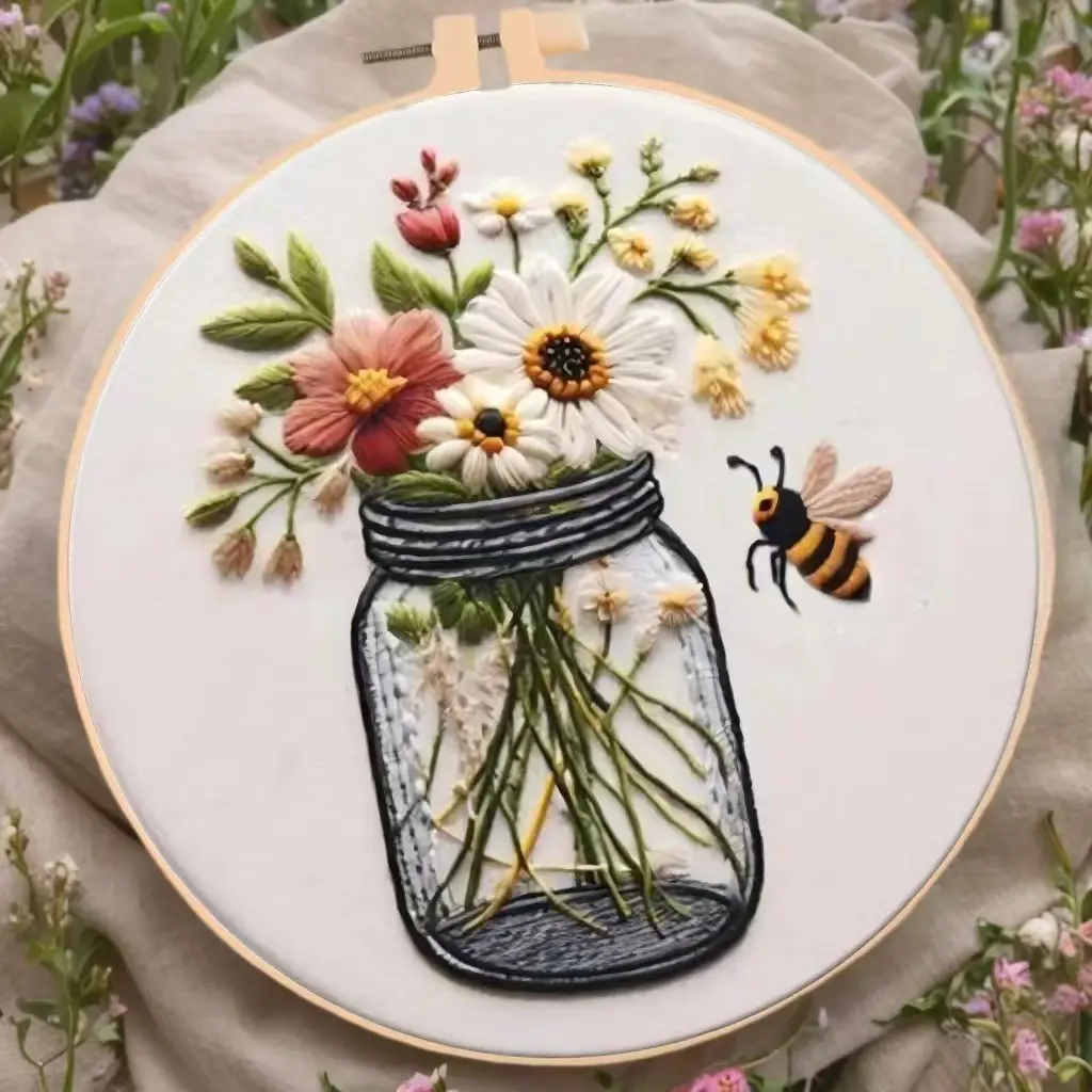 Beginner Embroidery Kit, Elegant Cross Stitch Set, Vase Bee Design, Flower Embroidery, Embroidery Craft, DIY Embroidery Supplies, Handmade Gifts, Includes Printed Cotton Fabric, Thread, Needle, Chart