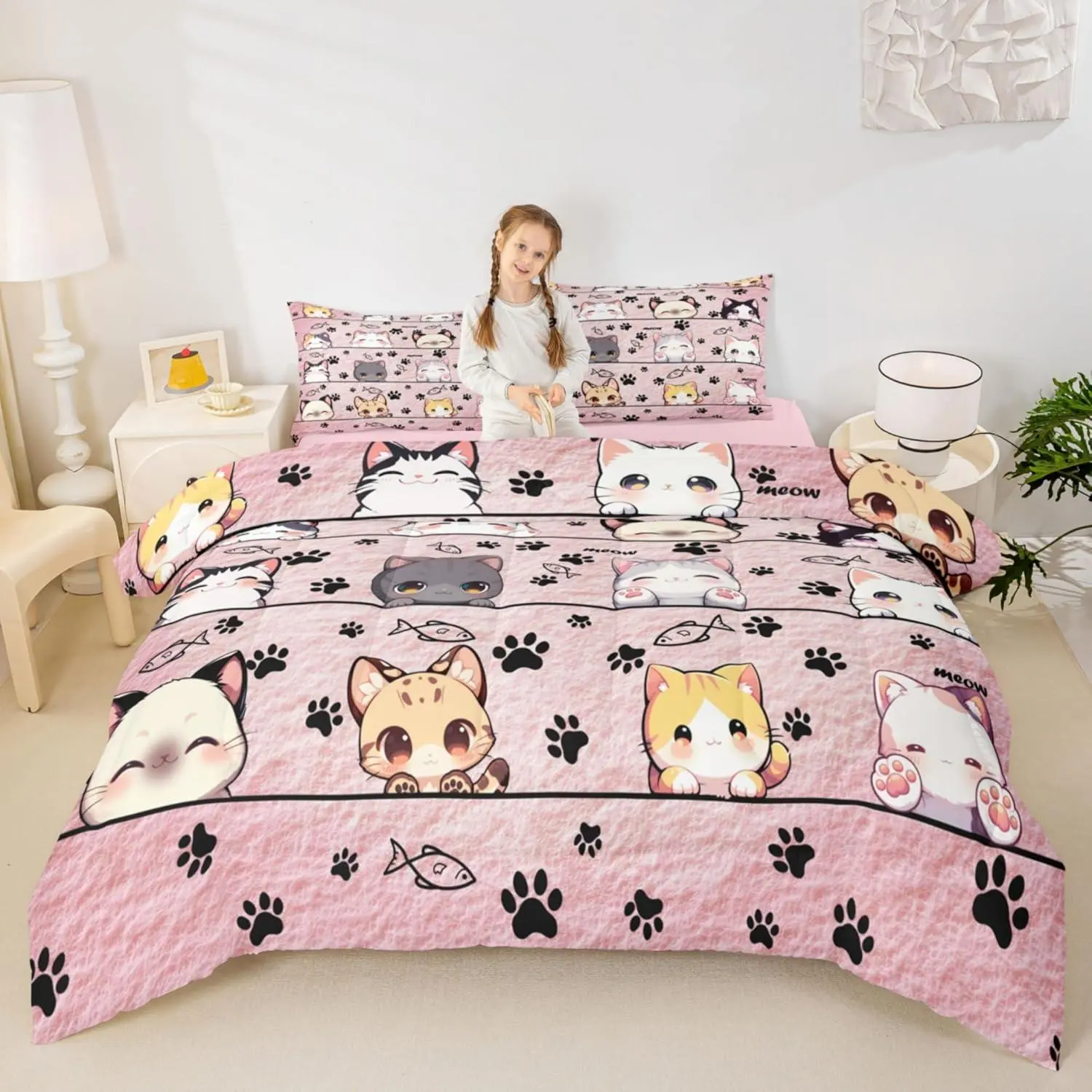 Kawaii Cat Comforter Set,Toddler,Cartoon Pet Kitten Pet Bedding Set for Kids Teens,Cartoon Style Pink Animals Down Comforter