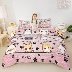 Kawaii Cat Comforter Set,Toddler,Cartoon Pet Kitten Pet Bedding Set for Kids Teens,Cartoon Style Pink Animals Down Comforter