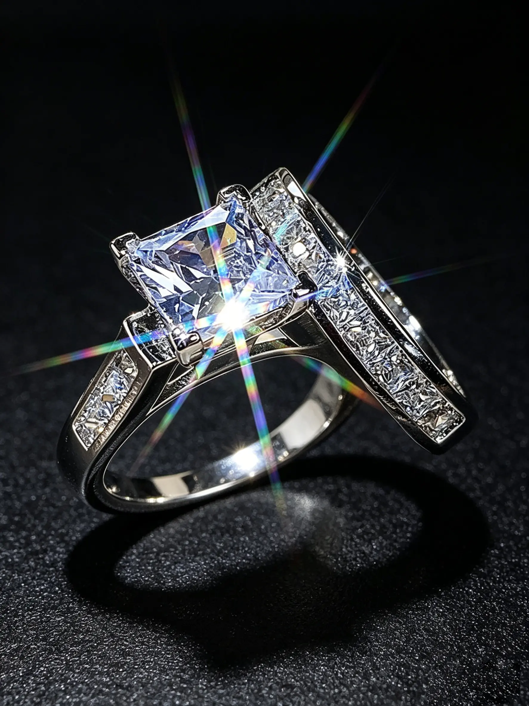 2pcs Princess Square Moissanite Cluster Ring Set, Engagement Ring & Wedding Band Combo, Silver Color Bridal Jewelry, Promise Ring with Side Stones, Gift for Girlfriend, Sparkling Rings
