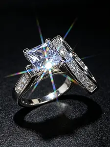 2pcs Princess Square Moissanite Ring Set, Engagement Ring & Wedding Band Combo, Silver Color Bridal Jewelry, Promise Ring with Side Stones, Gift for Girlfriend