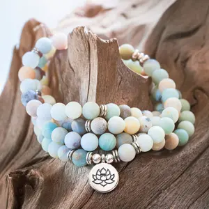 Amazonite 108 Mala Prayer Beads Bracelet Energy With Lotus Yoga Bracelet Meditation Necklace Jewelry For Women