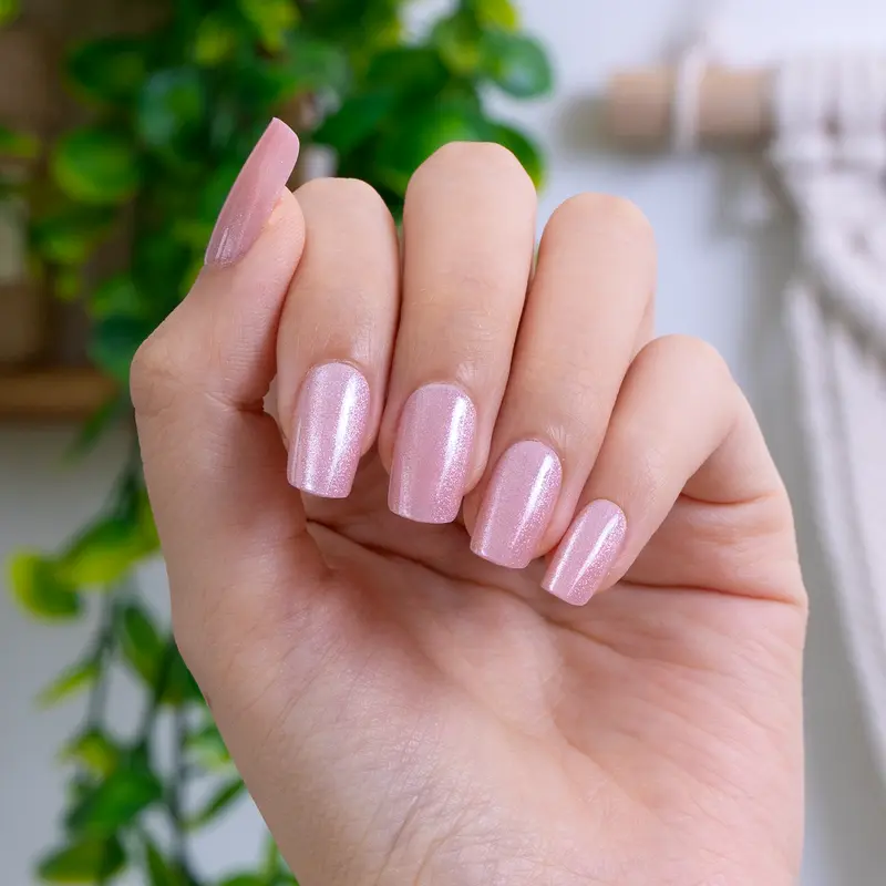 Elegant Soft Pink Shimmer Press-On Nails – Delicate, natural-toned nails with a subtle sparkle and glossy finish, offering timeless beauty and versatility for any occasion. Perfect for everyday wear or special events, easy to apply and remove