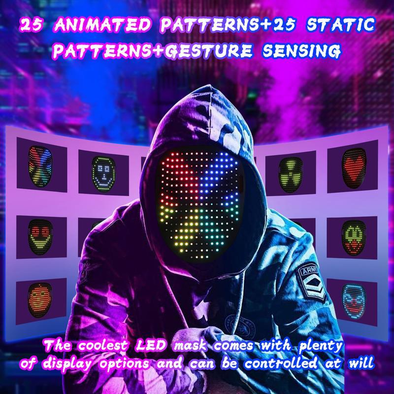 LED Face Mask Gesture Sensing 50 Patterns, Rechargeable LED Glow Mask Changing for Christmas 2025 New Year Rave Party, Light Up Face Mask Scary Cool Masks for Adults Unisex Cosplay Festival Gifts