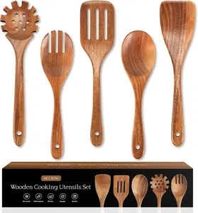 5 PCS Wooden Cooking Utensils Set – Natural Teak Wooden Spoons & Spatulas, Nonstick Safe Kitchen Tools with Smooth Finish & Comfort Grip