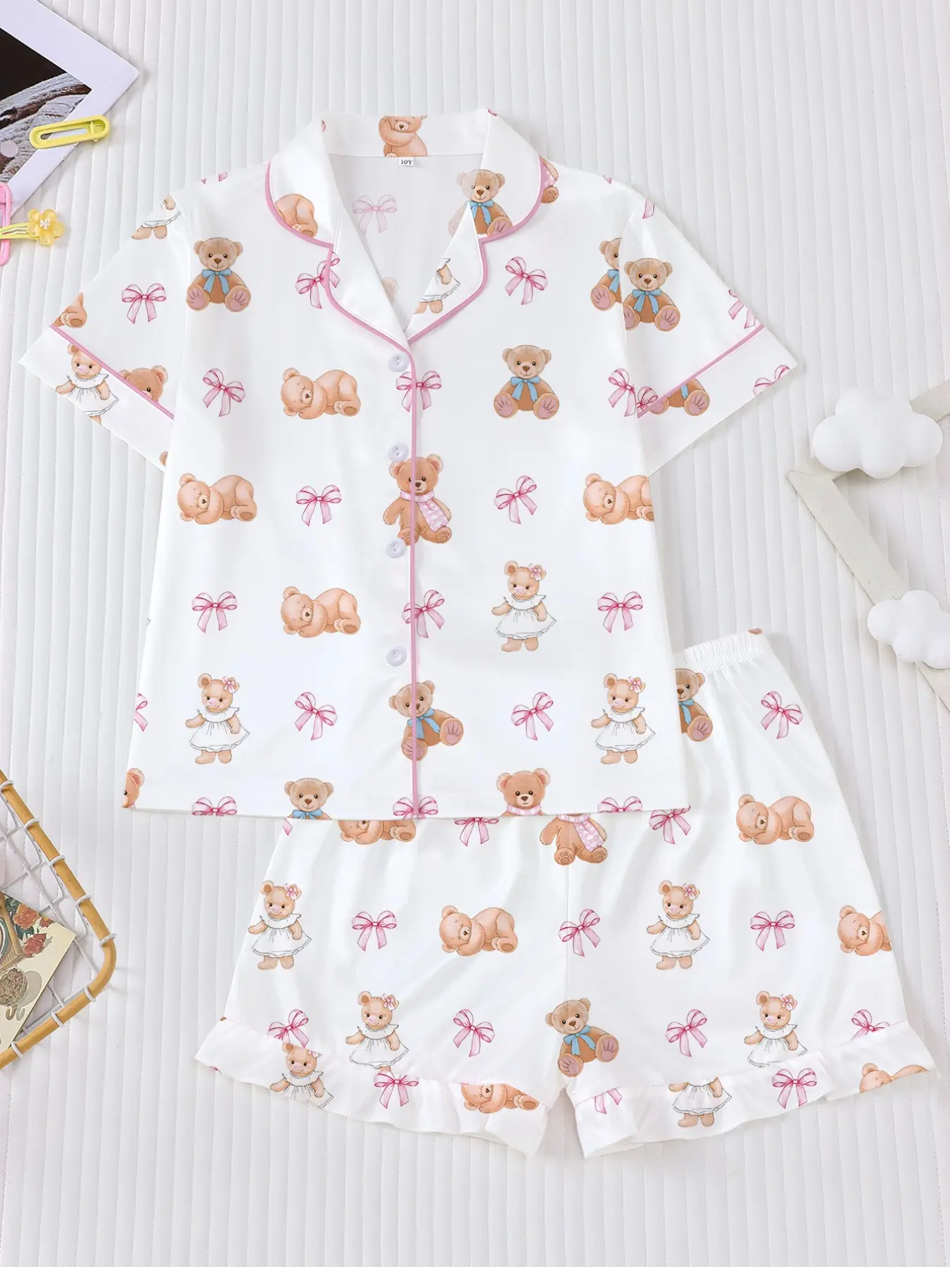 2-Piece Summer Kids Pajama Set, Cute Bear Print, Short Sleeve Breathable Homewear, Collared Shirt and Loose Elastic Waist Shorts, Summer Pjs, Casual Pajamas Set