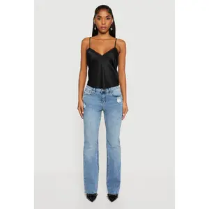 Raw Hem Distressed Bootcut Jeans with Elastic Waist