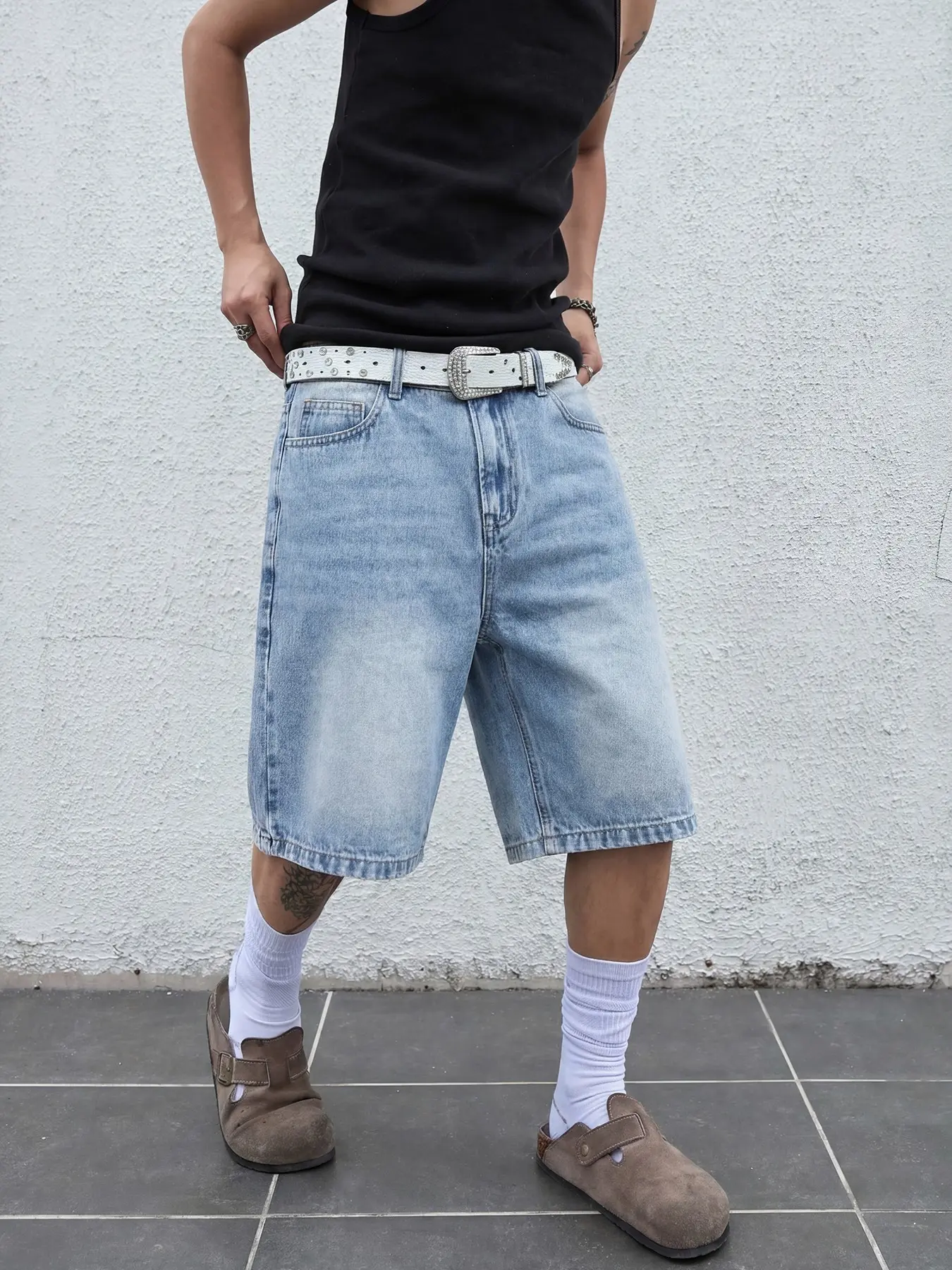 Men's Casual Loose Fit Wide Leg Denim Jeans Shorts, Menswear Streetwear Street Style Pocket Design, All Seasons, Plain Color, Fashionable and Comfortable