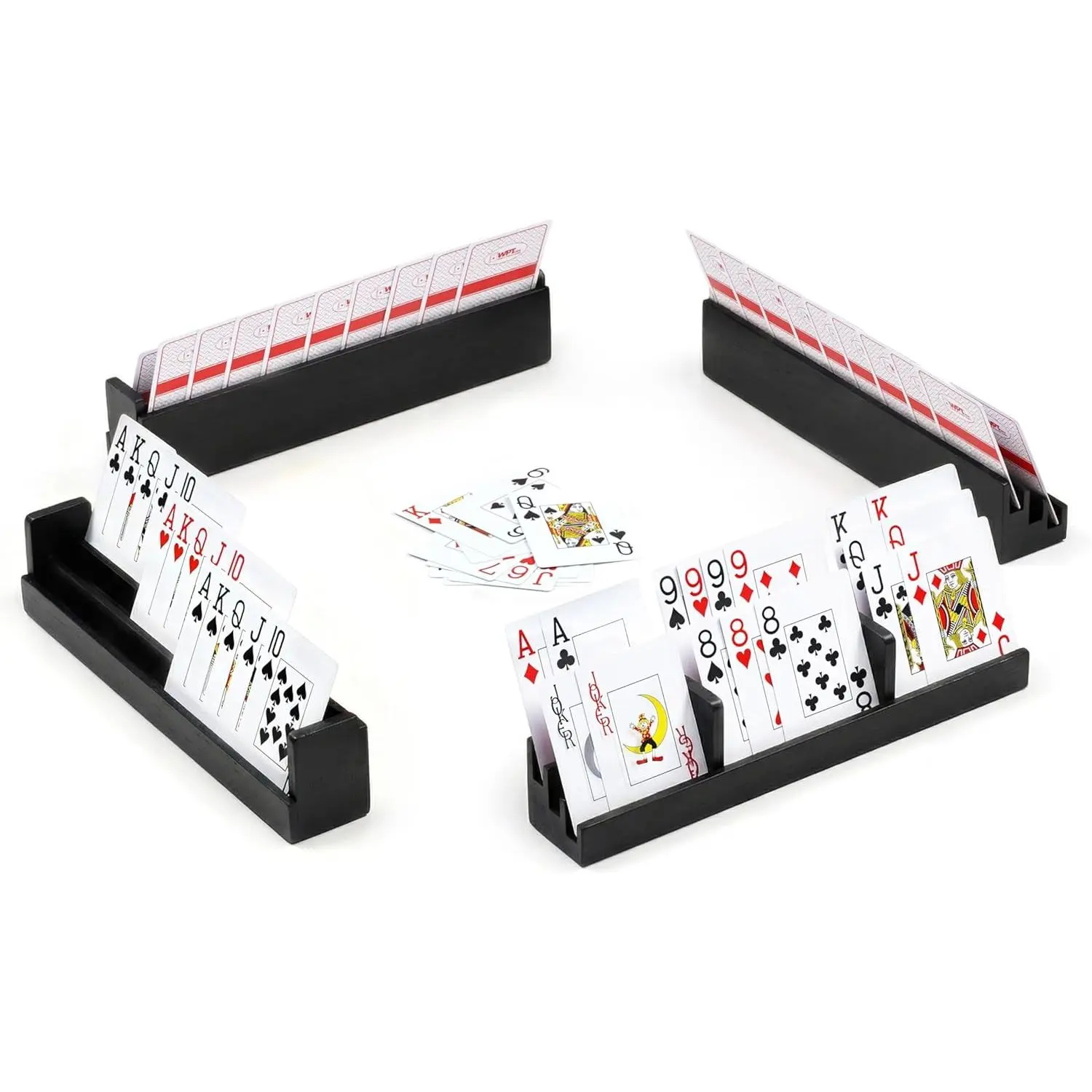 Playing Card Holder for Seniors Adults, Wooden Card Holders for Playing Cards, Set of 4 Hands Free Card Racks for Bridge Canasta Poker Rummy, Wide Slots, Detachable Divider, Black, 11.8 x 1.9 x 2.1 in