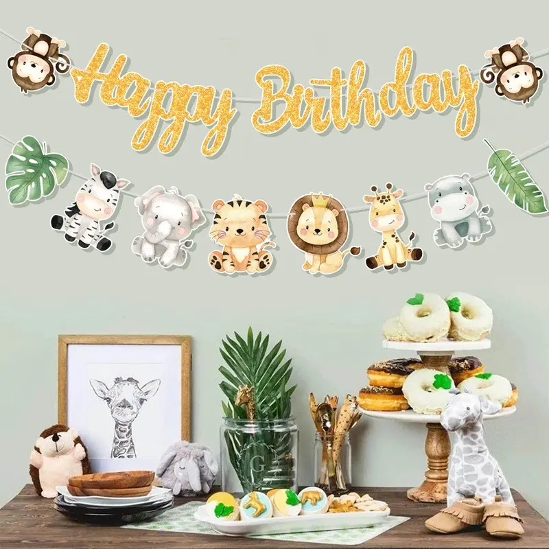 1pc Jungle Animal Birthday Banner Flag with 'happy Birthday', DIY Wall Decor, Cartoon Lion Tiger Pattern, Party Room Background, Home Party Decorations, Jungle Backdrop