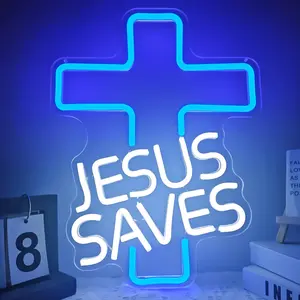 Jesus Saves Cross Neon Sign 14.9in x 11.4in LED Wall Decor for Bedroom Living Room Christian Church Events Birthday Christmas Gifts