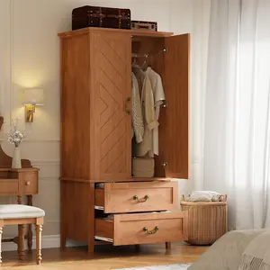 71" Tall Farmhouse Armoire Wardrobe Closet with 2 Drawers & Doors, Freestanding V Shape Armoire Wooden Storage Closet w/Hanging Rod & Shelves, for Bedroom, Clothes, Rustic Brown