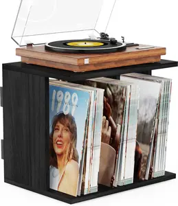Emfogo Vinyl Record Storage Holder, Wall Mount Record Player Stand for 80-100 Albums, 3-Compartment Wood Vinyl Record Organizer for Turntable, Books, Magazines & CDs