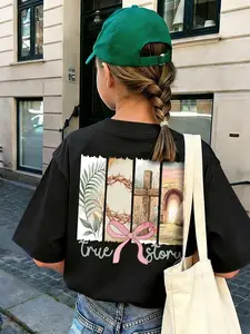 Girls' "True Story" Easter T-Shirt (Ages 8-12) - Black Oversized Short Sleeve Top with Palm Leaves, Crown of Thorns, Cross Collage and Pink Bow