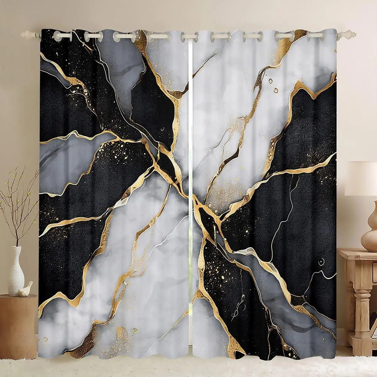 Black Marble Blackout Curtains,Black And Grey Marble Window Curtain,Women Tees Boys Modern Gray Gold Abstract Art Tie Dye Decor,Gothic White Gold Bling Marble Room Decor 2 Panels