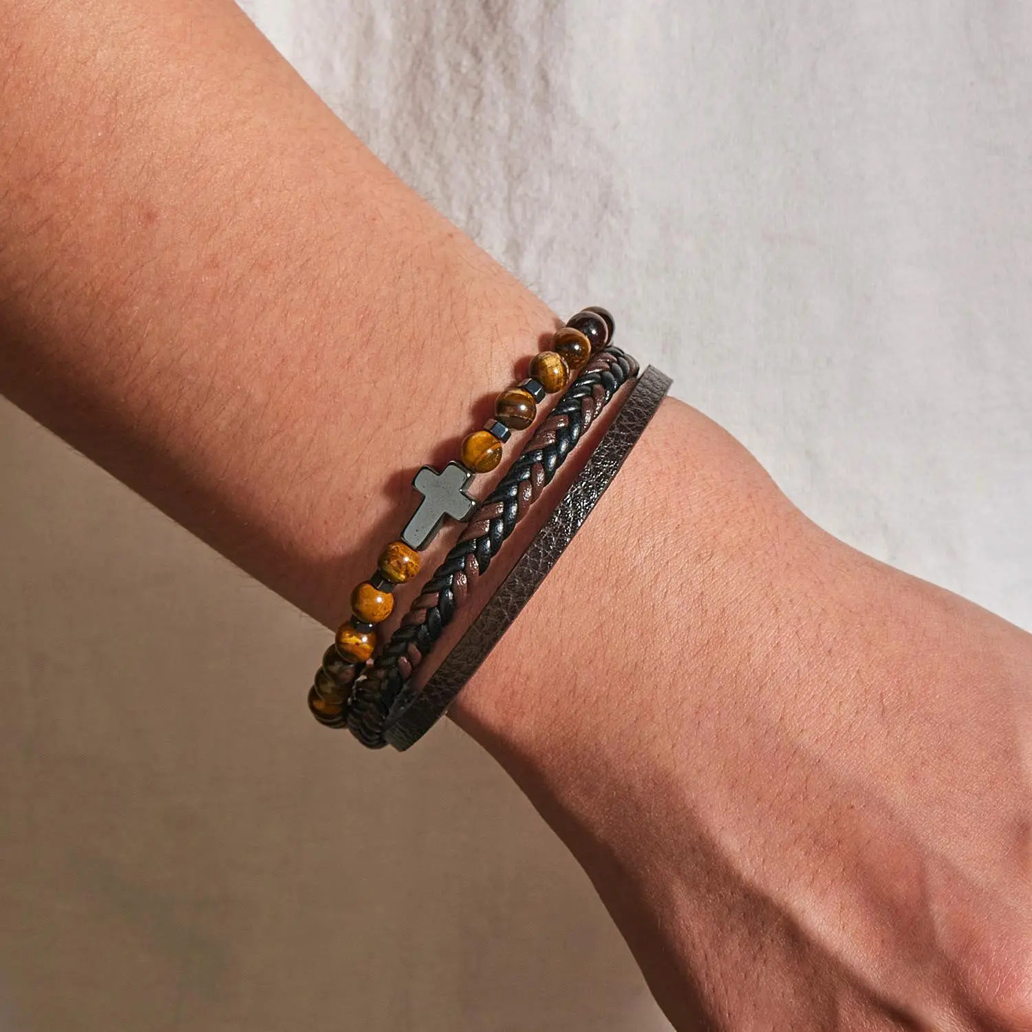 Men's Boho Cross Bracelet - Multilayer Braided Leather, Stone Bead Design, Magnetic Closure, Ideal for Daily Wear, Religious, Beads, Engagement, 8.27 Inches, Artificial Leather, Bangle, Retro, Inspirational, Male
