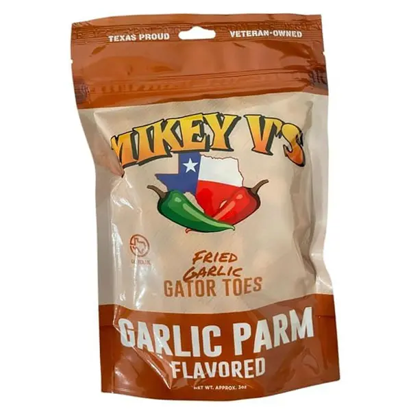 Mikey V's Garlic Parmesan "Gator Toes" Low Fat Salty & Savory Ambient Cupboard Snack - Deep-Fried Garlic Bites, Crunchy Cheesy Treats, 3 oz Bag (Calorie Free)