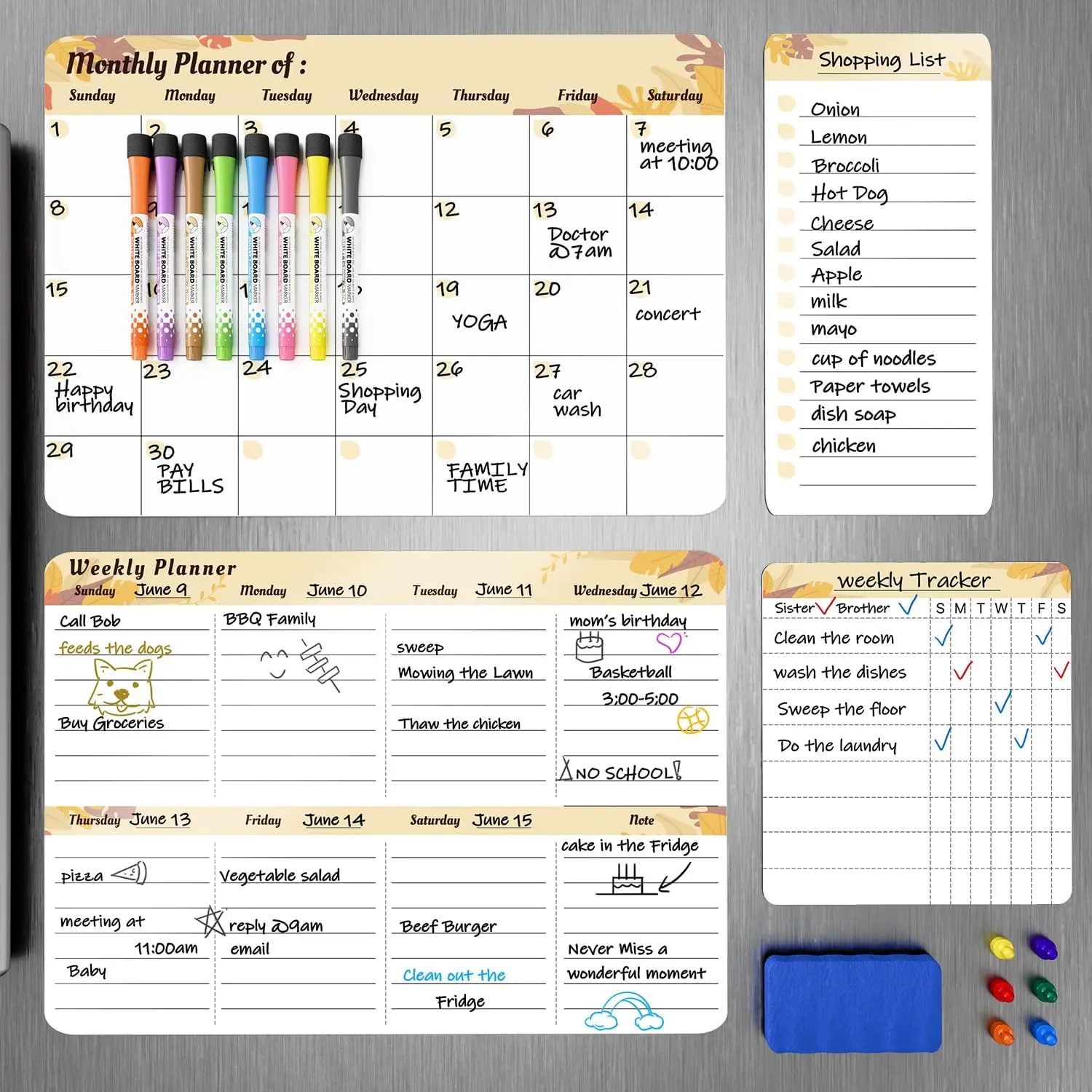 Refrigerator Calendar , 16.3x11.7" (4-Pack) - Weekly & Monthly Planner, Chore Chart, Grocery/to-Do List for Fridge, Includes 8 Markers, 6  & 1 Eraser for Kitchen, Yellow