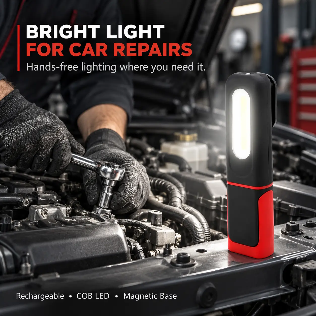 Rechargeable LED Work Light for Car Repair - Bright COB Mechanic Light, Magnetic Base, 360° Swivel Hook, 180° Adjustable Stand, Flashlight Mode, USB-C Charging, IP54 Water Resistance, Garage Use