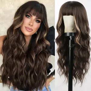 Brown Mix Blonde Wig with Bangs for Women Long Brown Highlights Wavy Wigs 26 Inch Brown Wigs Natural Looking Heat Resistant Synthetic Wig for Daily Party Use