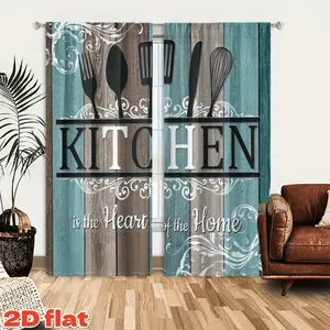 2D Flat 2Pcs Kitchen Themed Curtains for Living Room Bedroom, Decorative Window Drapes with Cooking Utensils and Wood Grain Design, White Floral Swirls, Pole Pocket Style, Semi Sunshade, Anti Privacy Decoration Home Decor, Home Textile, Christmas Gift.