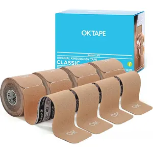 4 Rolls Kinesiology Precut, Cotton Elastic Athletic Latex Free,20 Strips per Roll 2in x 16ft,Muscle Support,Beige
