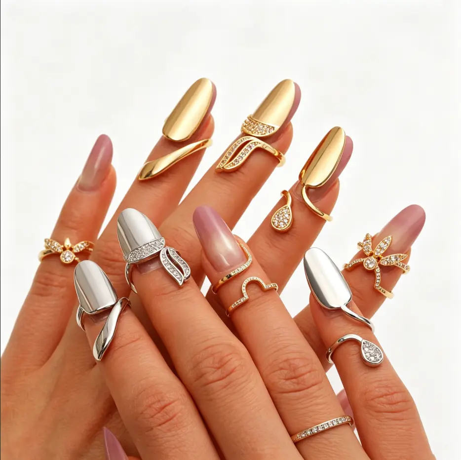 10Pcs Nail Ring Set, Dainty Crystal Rhinestone Finger Tip Rings, Minimalist Nail Art Jewelry for Women TikTok Trend