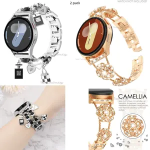 Fashion metal strap for Galaxy Watch4 Classic strap 40/44/46mm Galaxy Watch 7 6 5 4 FE strap 40mm 44mm Samsung Watch 5 Pro strap 45mm, women's shiny diamond strap 6/4 Classic 43mm 47mm 42mm 46mm 20MM metal strap Smartwatch Strap 2 packs
