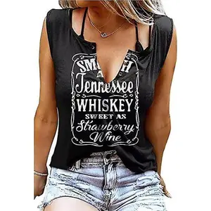 Sleek Shirt Ring Hole Sleeveless V-neck Tank Top Women's Country Music T-shirt Casual Cotton
