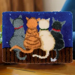 latch hook kits for adults Four cats DIY Crochet Yarn Rugs with Color Preprinted Pattern Craft Tapestry Kits for Home Decor(20.5in/52cmX14.9in/38cm)Four cats