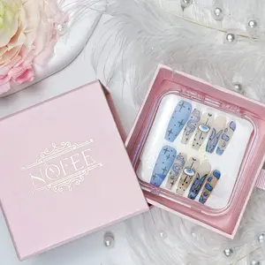 NOFEE Really Handmade Press on Nails 10 Pcs Long Frosted Haze Blue Hand Drawn Snake & Eyes Nails Art, Nail Art Gifts for Women Girls (Blue) High Gloss Long-lasting Waterproof