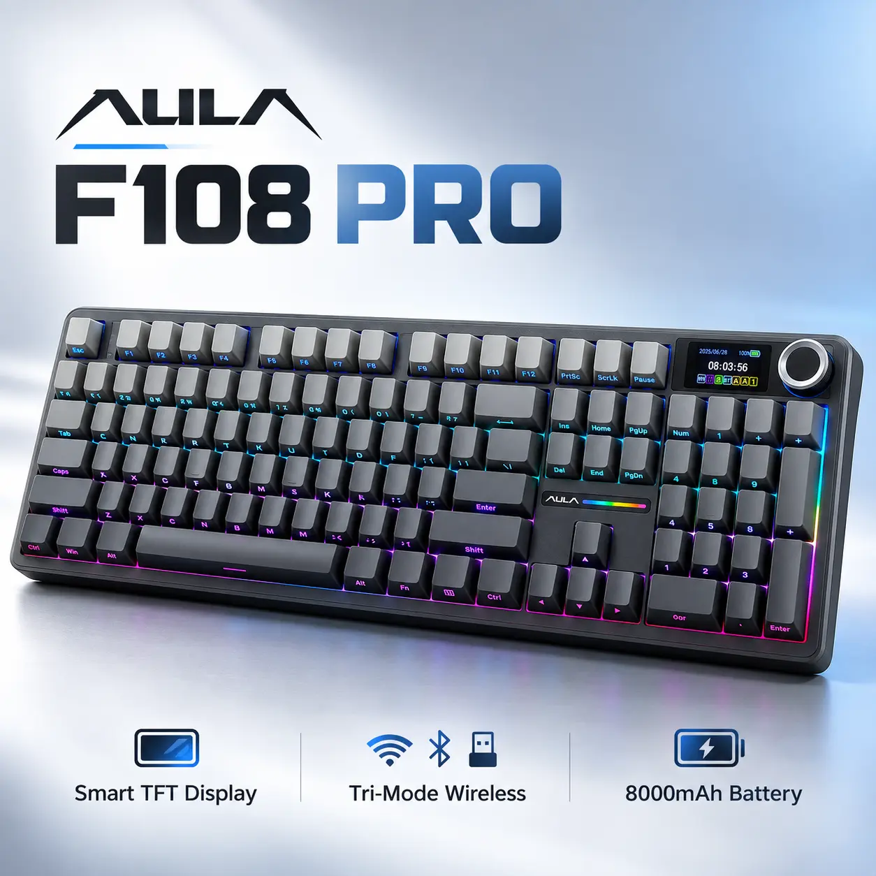 AULA F108 Pro 2.4G Tri-Mode Wireless Mechanical Gaming Keyboard - Full Size, Smart Screen, Knob, Hot-Swappable RGB, 8000mAh Battery, Side-Printed PBT Keycaps, Illuminated, RGB Mechanical Feel, for Work & PC Gaming, PC Accessories,techvibes