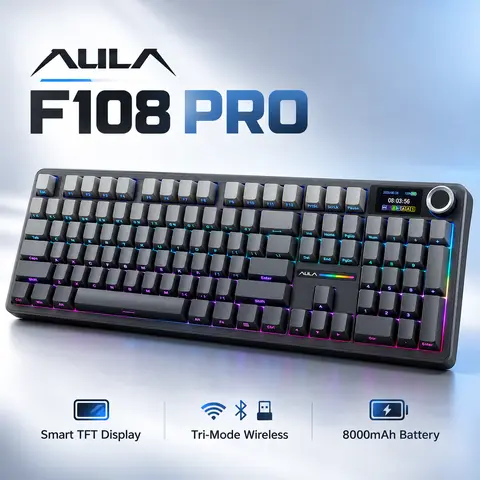 AULA F108 Pro 2.4G Tri-Mode Wireless Mechanical Gaming Keyboard - Full Size, Smart Screen, Knob, Hot-Swappable RGB, 8000mAh Battery, Side-Printed PBT Keycaps, Illuminated, RGB Mechanical Feel, for Work & PC Gaming, PC Accessories