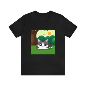 Men's adorable cat design Graphic T-Shirt - Short Sleeve Crew Neck Regular Fit Casual Wear | Soft & Breathable Fabric, Durable Print, Everyday Comfort, Machine Washable, cute cartoon illustration outdoor garden with tree and sun