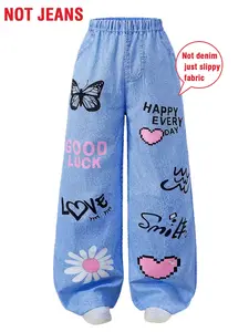 Fashion Simple Girls' Letter Heart Butterfly Flower Denim Print Pants, Graphic Pants, Spring Autumn School Style, Comfortable Casual Kids Clothing