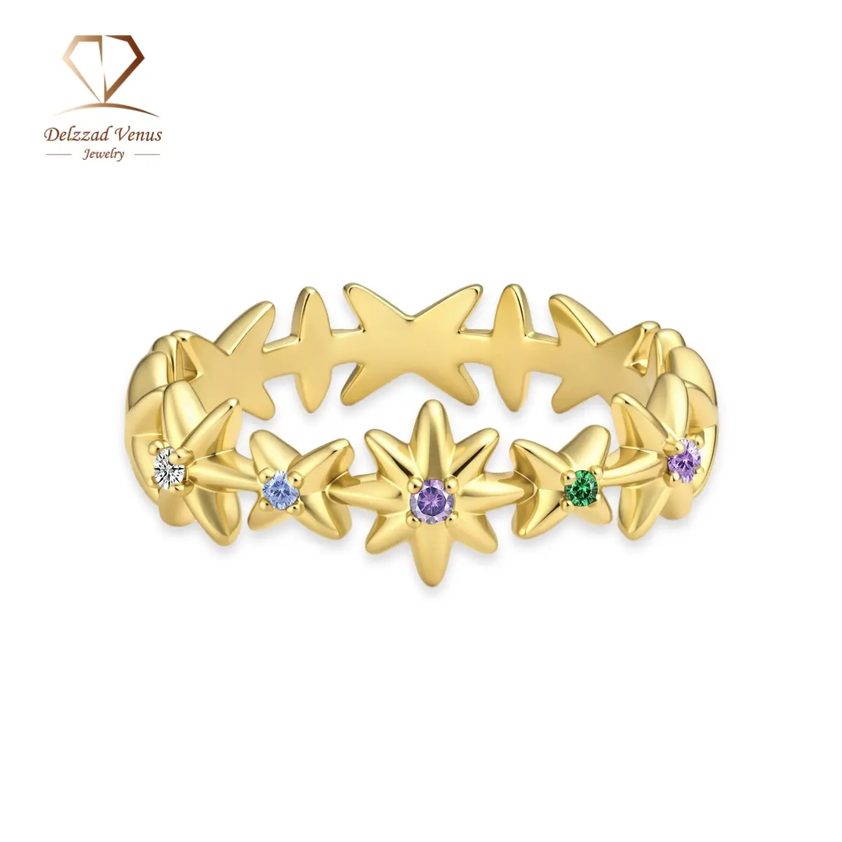 Delzzad Unisex Starflower Eternity Ring - Copper Band with Colorful Cubic Zirconia, Alternating Star Design Artificial Gemstone Jewelry, the Perfect Gift, Gift-Ready for Dating, Daily Wear, the Perfect Versatile Accessory, Anniversary, Birthday, Endless V