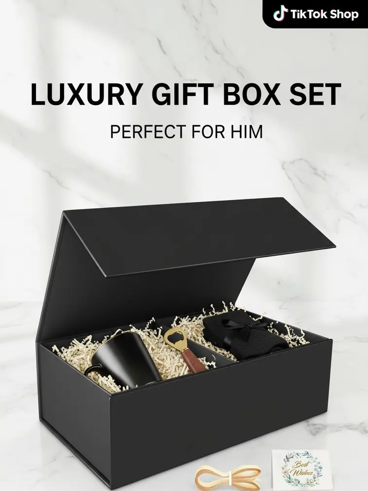 Luxury Black Magnetic Gift Box with Lid 9.5x6x3 Inch Foldable Present Box for Weddings, Birthdays, Christmas & Special Occasions