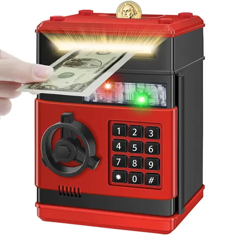 Piggy Bank for Girls Boys Large Electronic Money Coin Banks with Password Protection, Automatic Paper Money Scroll Saving Box, Great Christmas Gift for Kids (Black-Red)