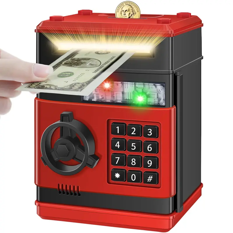 Piggy Bank for Girls Boys Large Electronic Money Coin Banks with Password Protection, Automatic Paper Money Scroll Saving Box, Great Christmas Gift for Kids (Black-Red)