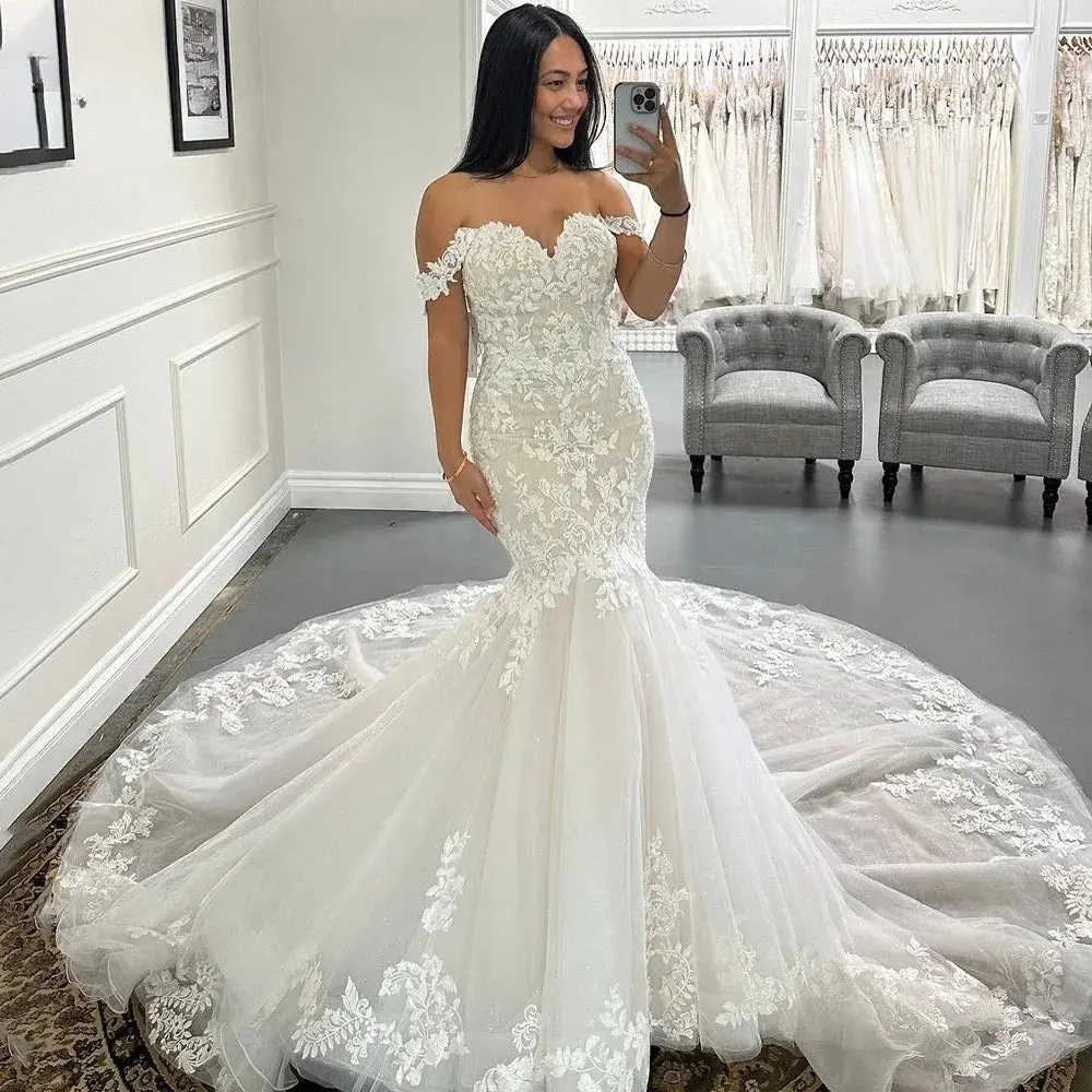 Stunning Mermaid Wedding Dresses Sweetheart Off the Shoulder Floral Print Draped Bridal Gown Vestido de Novia Customized