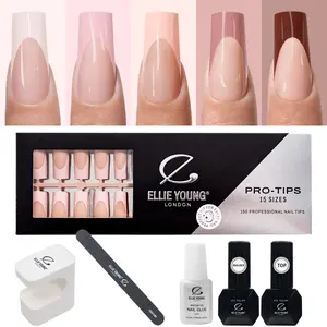 ELLIE YOUNG Pro-Tips Long Square Mocha Nude French Tips, 150pc Press-On Nails Kit – 15 Sizes, Matte Gel Acrylic Look, Soft Gel DIY Extensions