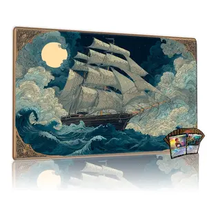 TCG, MTG, CCG RPG trading card game MATS, Gaming Mouse Pad, majestic tall ship, tempestuous moonlit ocean art, vintage fantasy style, detailed waves, swirling clouds, anti-slip, desk decor, 14x24 in.