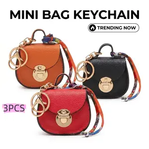 Women's 3PCS Mini Leather Key Pouch - Cute Crossbody Bag with Colorful Strap, Small Keychain Wallet for Keys, AirPods, Lipstick, Card, High-Quality Hands-Free EDC Organizer, Portable Fashion Accessory Gift