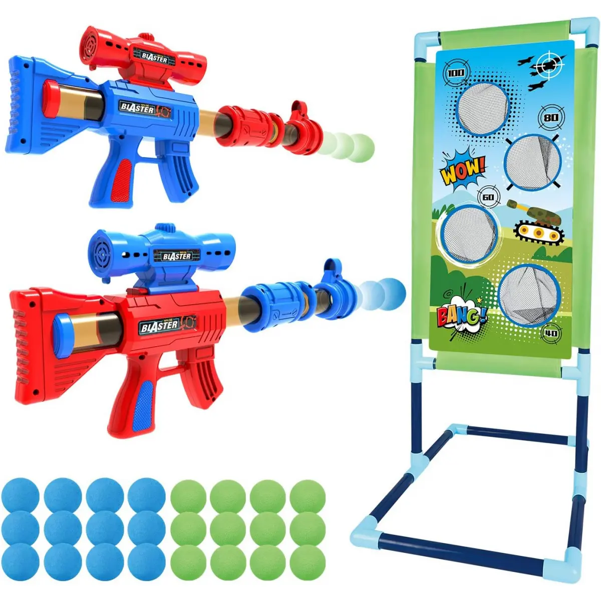 Christmas Gift Shooting Game Air softer Gun Set Toy For Age 6, 7, 8,9,10+ Years Old Kids, Boys - 2pk Air Guns & Shooting Target & 24 Foam Balls - Ideal Gift - Compatible With Toy Guns Indoor Outdoor Child Sport Toy Handheld Pneumatic  Set