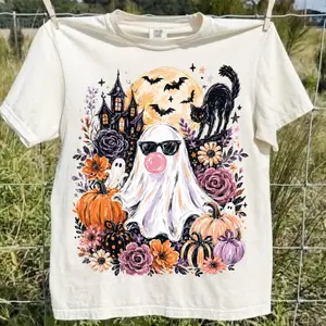 Comfort Colors Ghost Blowing Bubble Gum Tee, Brushstroke Halloween Sublimation, Girly Haunted House Shirt