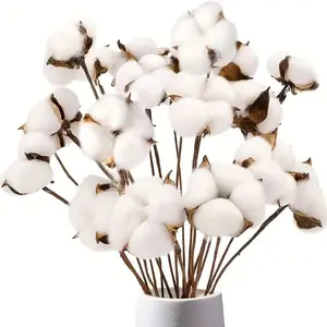 10pcs Realistic Cotton Dried Flowers Artificial Fake Cotton Flower Branches for Vase Home Decor, Lifelike Permanent Flowers for Weddings Parties Kitchen DIY Floral Arrangement