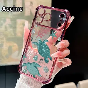 Electroplated Four Corner Anti-Fall Turtle Haven Pattern Phone Case for iPhone 17 16 Pro Max 15 Plus 14 13 12 11 E Air Shockproof Transparent Protective Cover